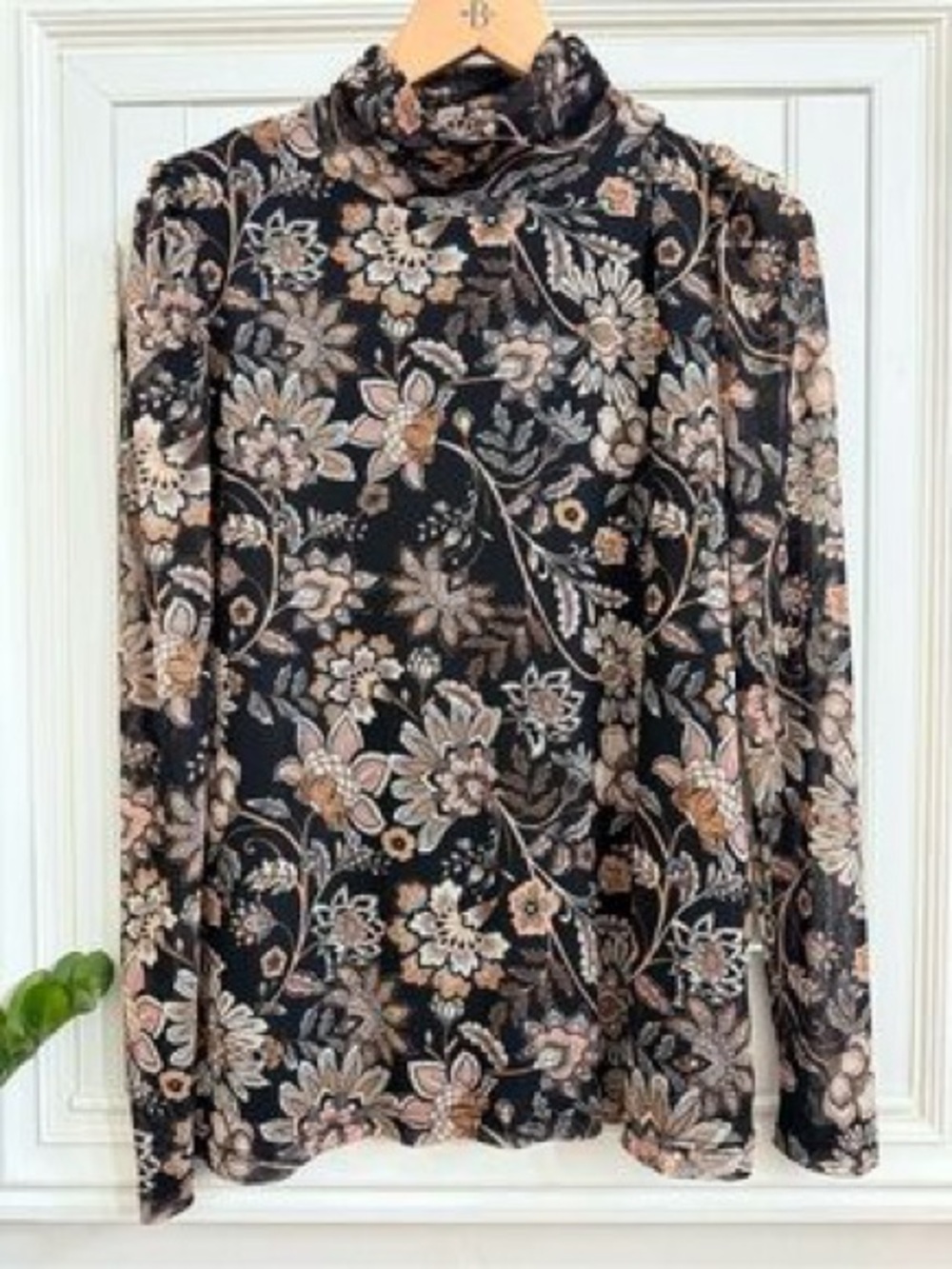 Jane + Delancey Black Floral Mock Neck Top with Beige & Blush Accents